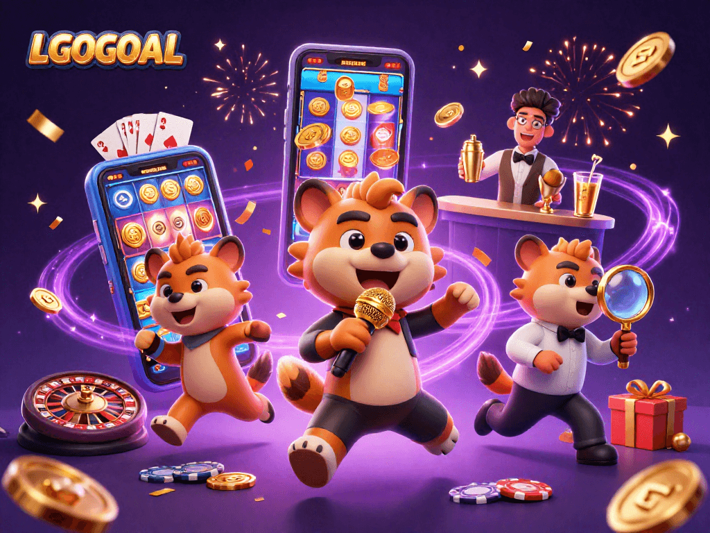 LGOGOAL hyenas running a comedy casino club with vibrant gaming elements and fun atmosphere.