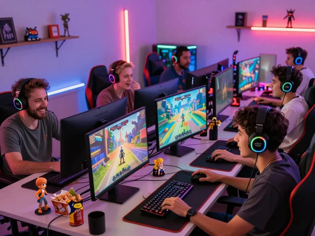 Excited gamers enjoying immersive hentai games on high-definition monitors in a vibrant gaming setup.