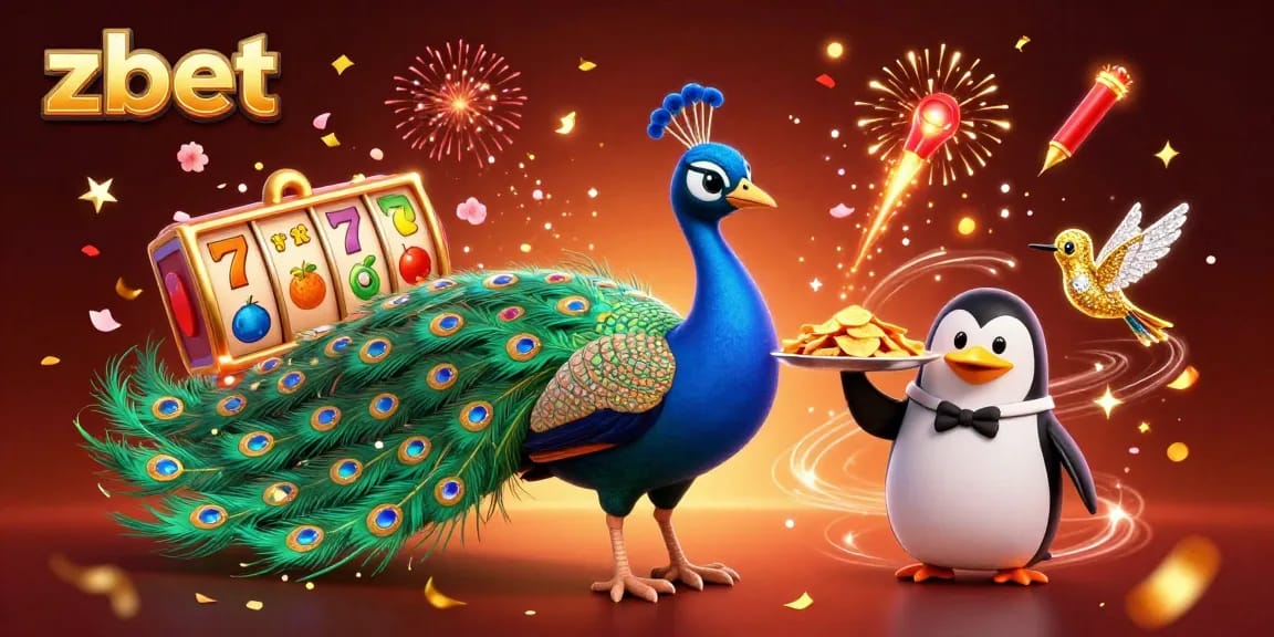 Experience zbet's vibrant casino atmosphere with a peacock, penguin, and hummingbird surrounded by slots and festive decor.