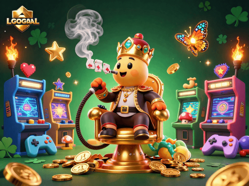 Engage with LGOGOAL's vibrant casino world featuring a whimsical caterpillar character amidst dynamic gaming elements.