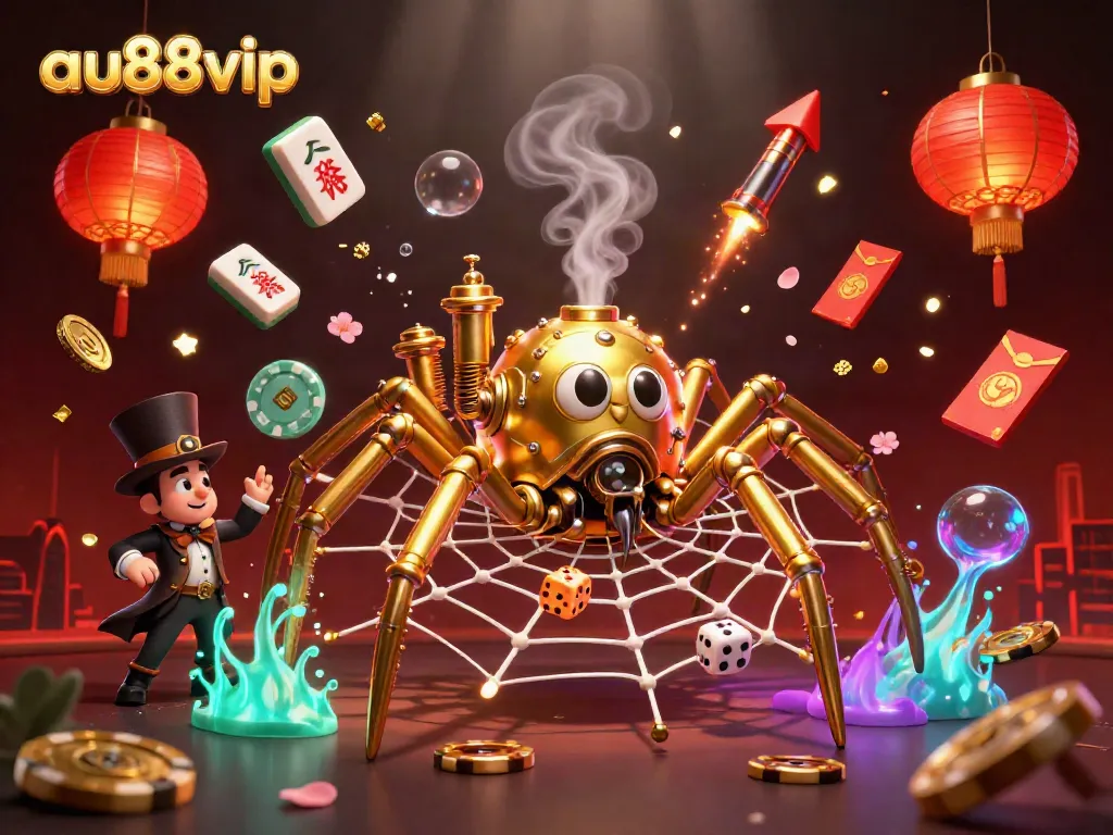 Engaging 3D scene showcasing au88vip with a golden spider, poker chips, and dynamic casino elements.