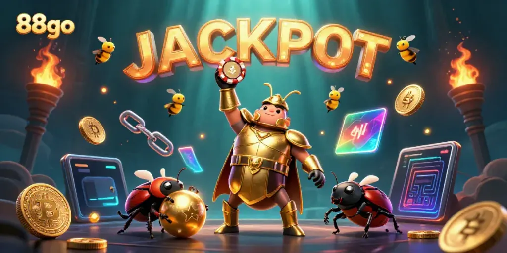 Win big with 88go as a 3D gladiator beetle champions the casino jackpot in a colorful digital scene.
