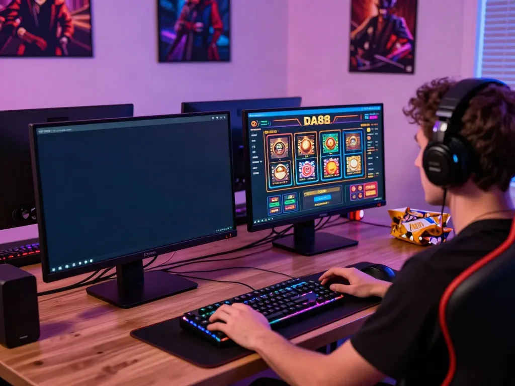 Engaging DA88 online gaming setup with vibrant screens and gaming accessories.