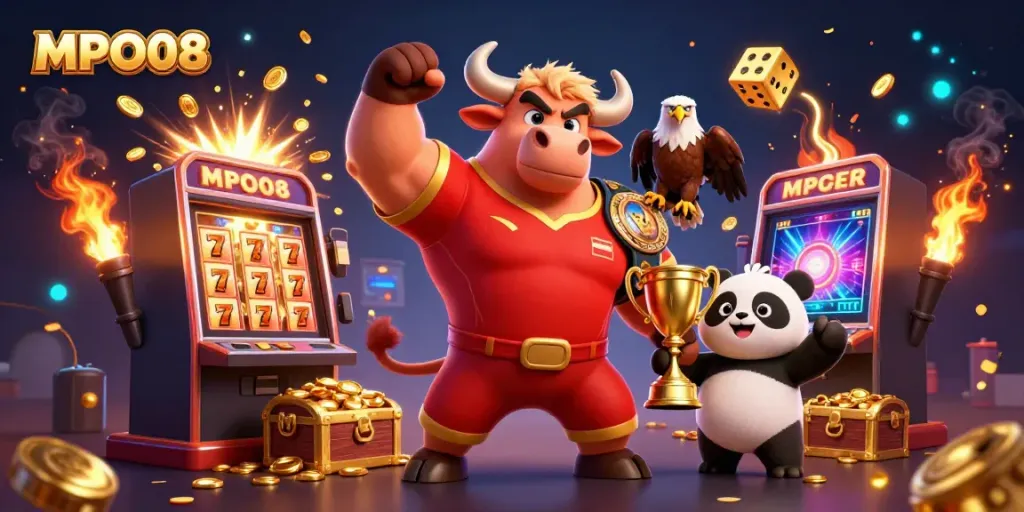 MPO08 character victory scene bursting with casino elements, showcasing vibrant 3D characters and lively game symbols
