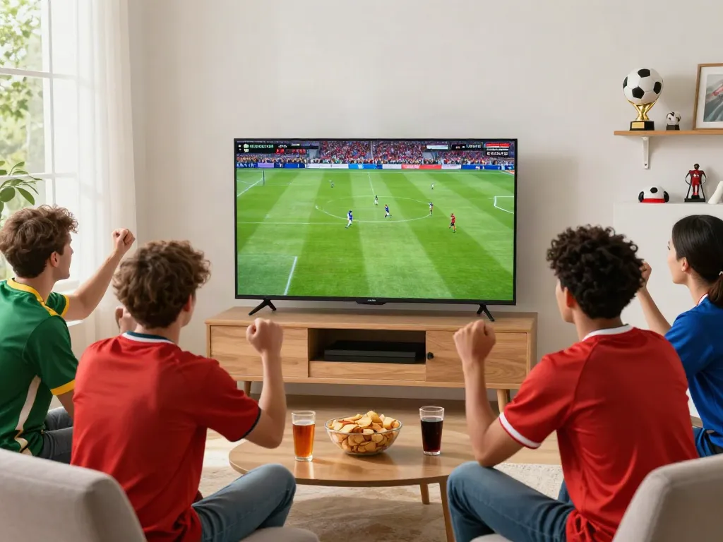 Excited fans enjoying live football streaming on https://thapcamtv.ac/ in a cozy living room setting.