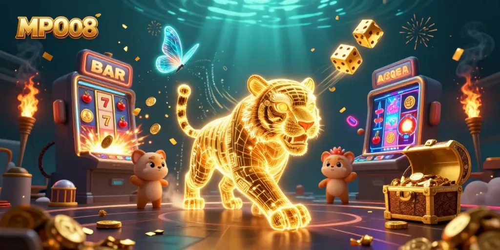 MPO08 offers thrilling gameplay with innovative golden tiger and slot machine scene showcasing winning jackpots.