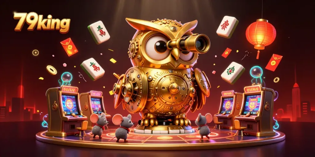 Experience the excitement of 79king with a vibrant 3D illustration of a golden owl and casino elements.