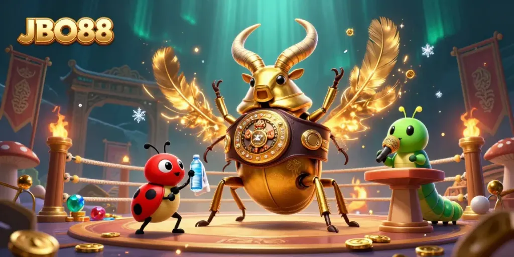 Experience thrilling gameplay with JBO88 featuring a giant stag beetle in a boxing match amidst an energetic casino backdrop.