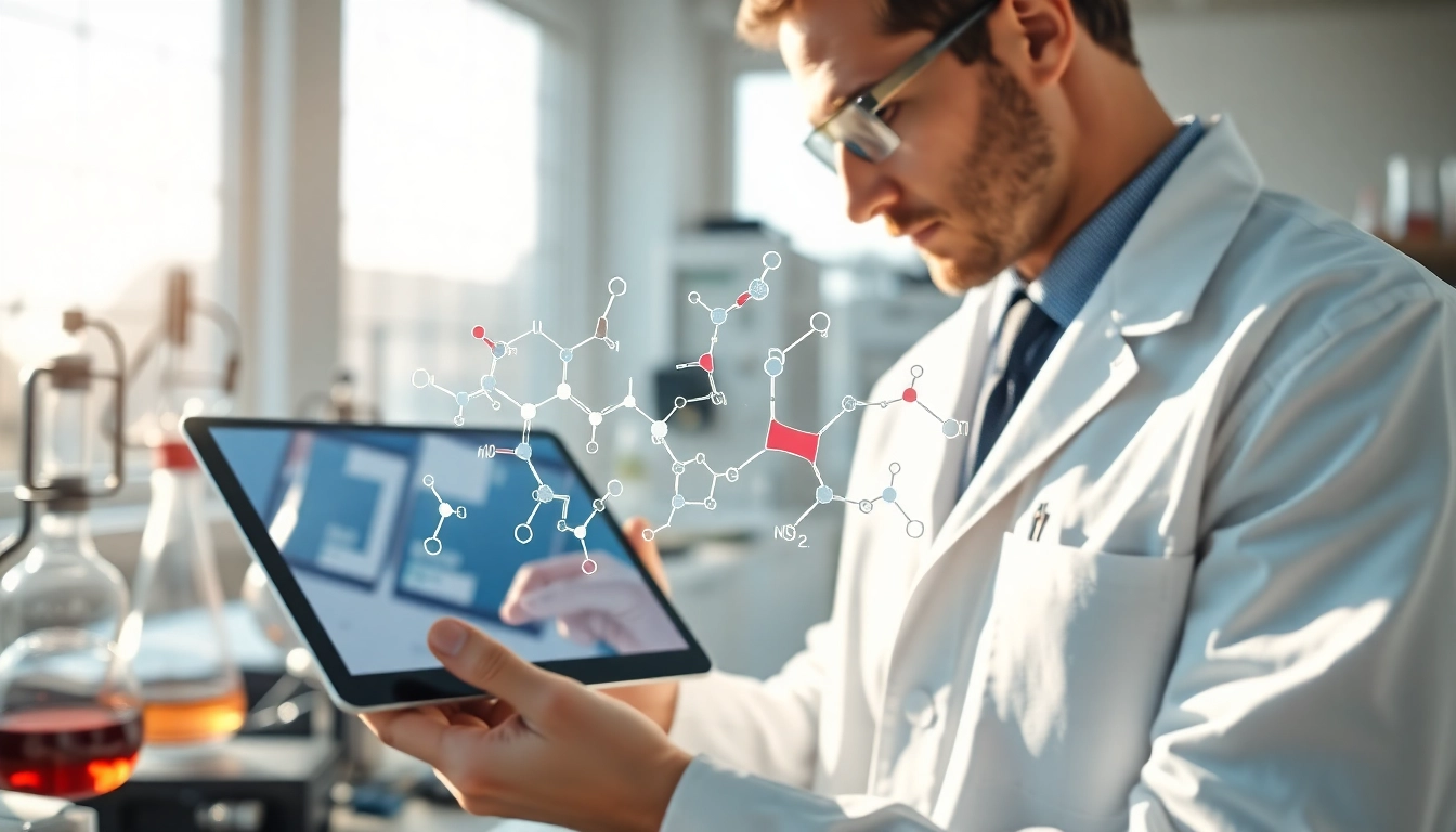 Scientist analyzing Peptides in a lab, highlighting the intricate structures and research environment.