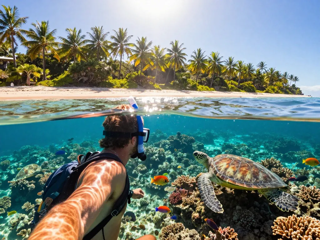 Snorkeler exploring Australia’s Great Barrier Reef, vibrant coral and marine life.