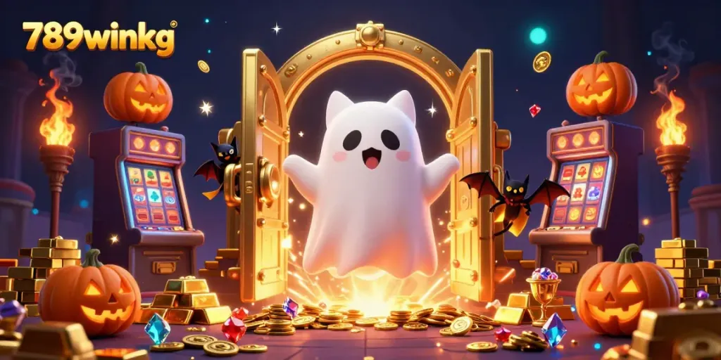 Engaging 3D ghost cat and friends traversing a vibrant casino atmosphere at 789winkg, embodying excitement.
