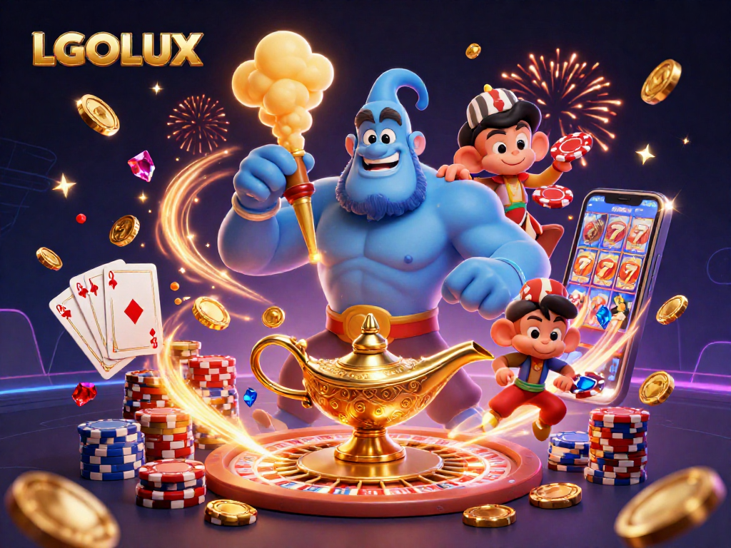 Win big with LGOLUX’s dazzling 3D casino illustration featuring a genie and a flying monkey.