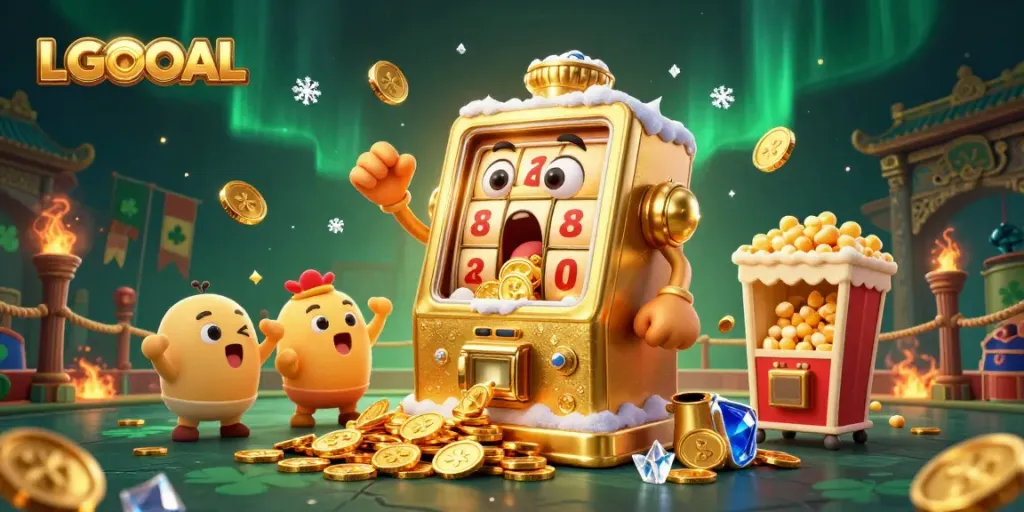 Experience the thrill of LGOGOAL with a golden slot machine hitting a jackpot, surrounded by festive elements.