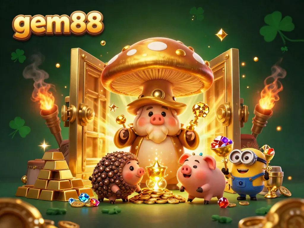 Join the gem88 adventure with vibrant characters and golden treasures in this dynamic casino scene.