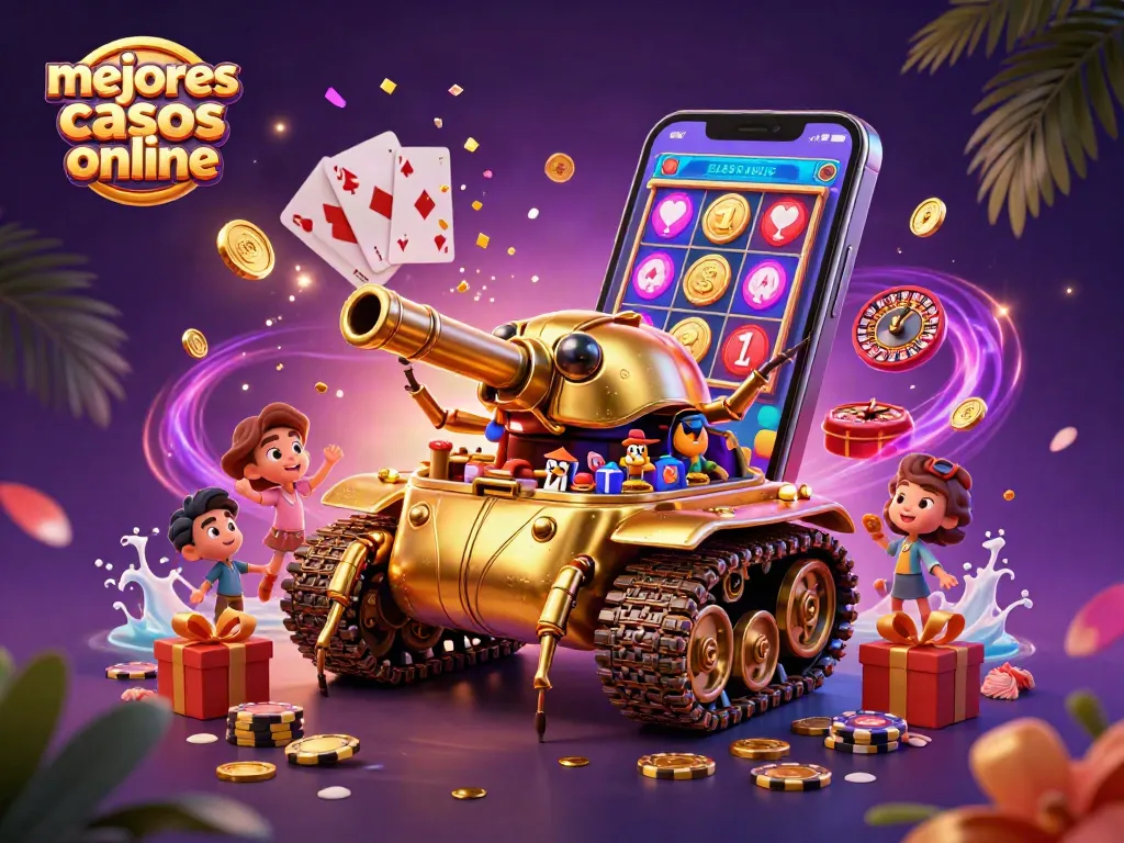 Mejores casinos online en una escena vibrante con un tanque, un casino y juegos emocionantes.