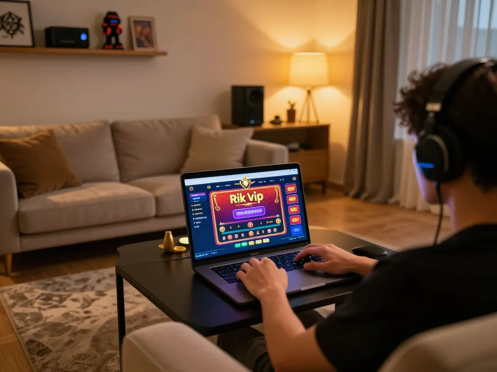 Player engaging with rik vip online gaming platform on laptop in cozy environment.