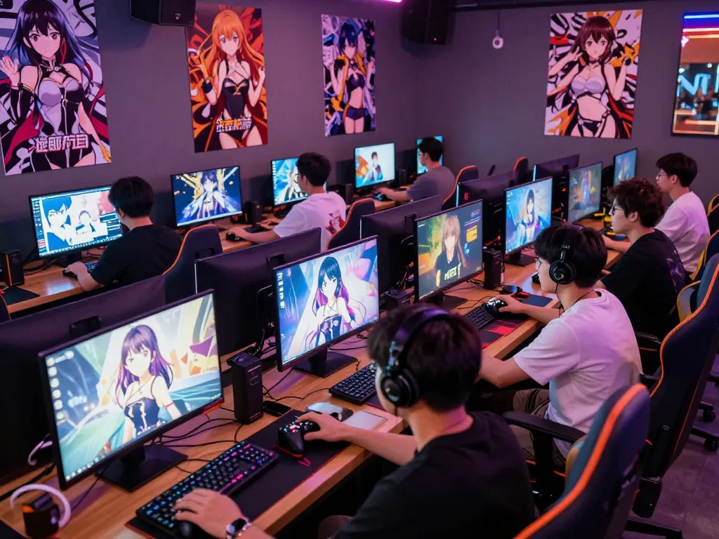 Players enjoying engaging hentai games in a vibrant gaming lounge, lively atmosphere.