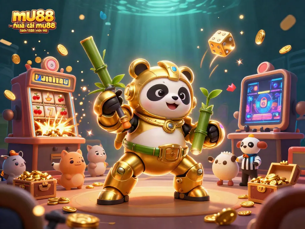 Win big at mu88 - nhà cái mu88 tặng 158k miễn phí with a vibrant 3D casino scene featuring a golden panda and dynamic gambling elements.
