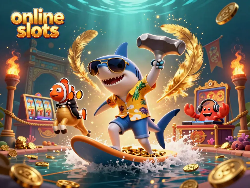 Experience the thrill of online slots with this vibrant 3D illustration depicting a shark surfing on gold coins.