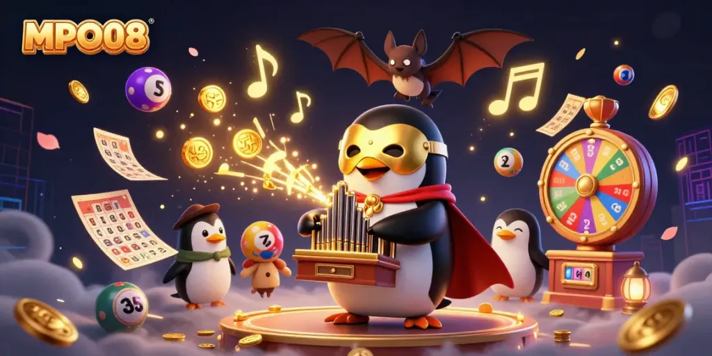 Feel the excitement of MPO08 with a dynamic casino scene bursting with animated elements.