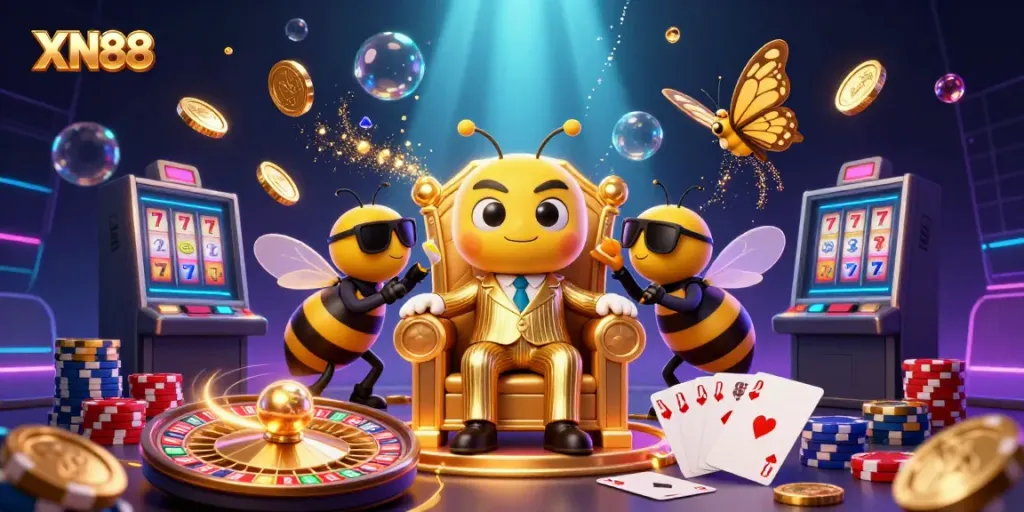 Experience thrilling entertainment at XN88 with a dynamic, action-packed casino scene featuring vibrant characters and gold
