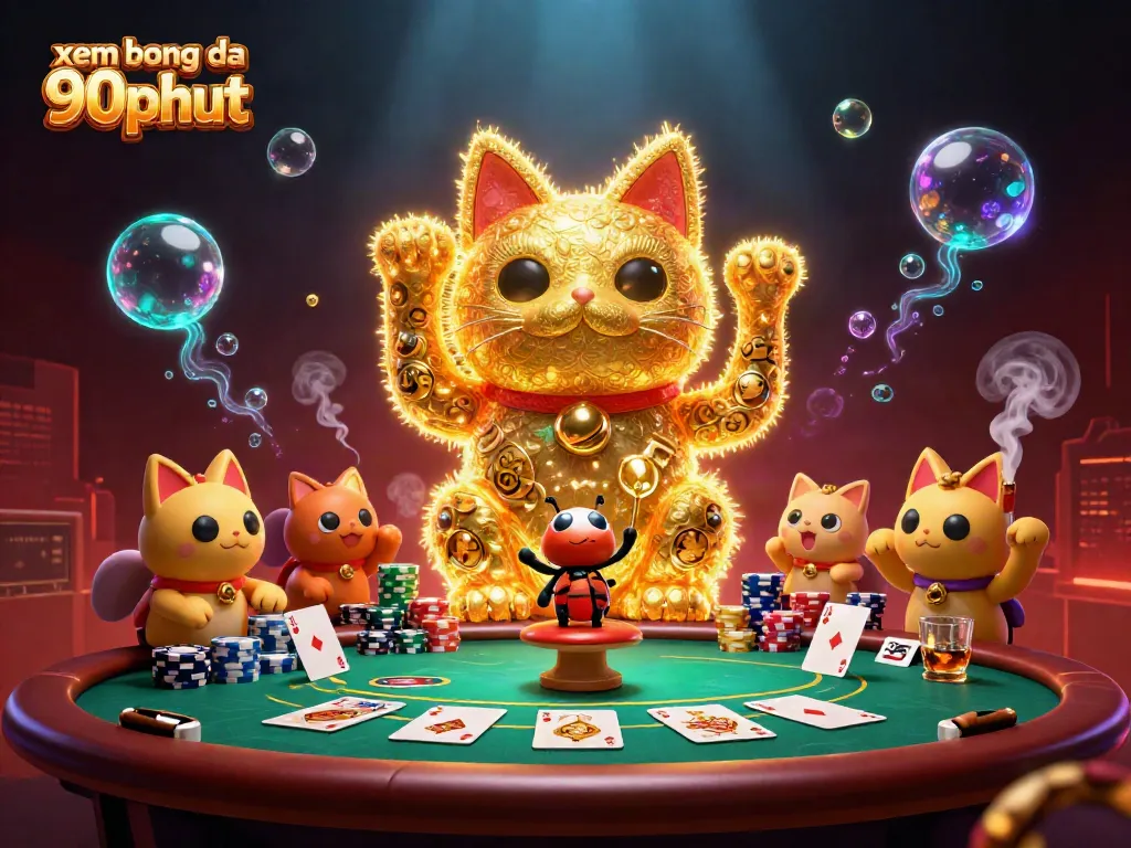 Experience xem bong da 90phut with golden fireflies forming a lucky cat, vibrant casino elements.