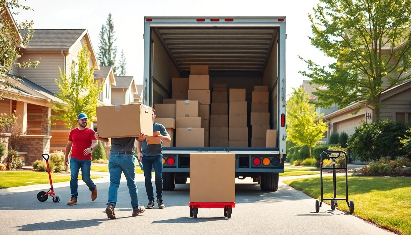 Calgary movers expertly loading a moving truck with boxes in a sunny suburban setting.