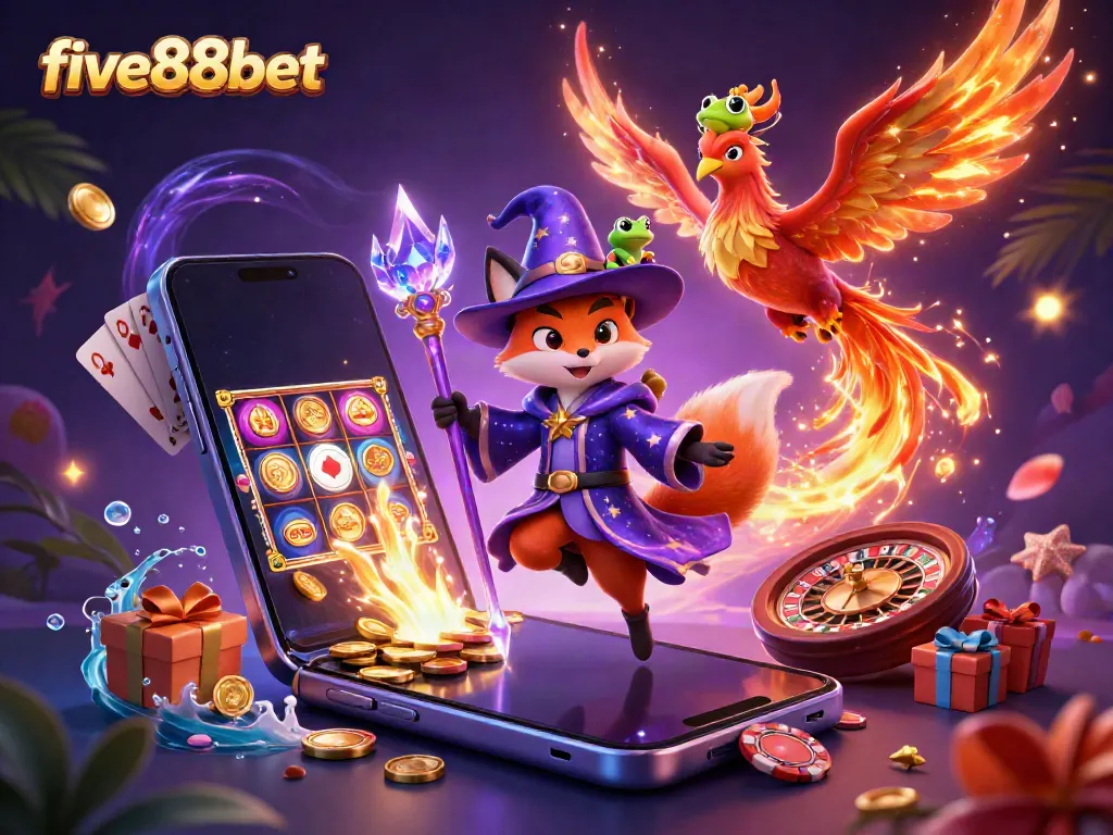 Experience the magic of five88bet with a vibrant 3D scene featuring a mystical wizard fox and a fiery phoenix.