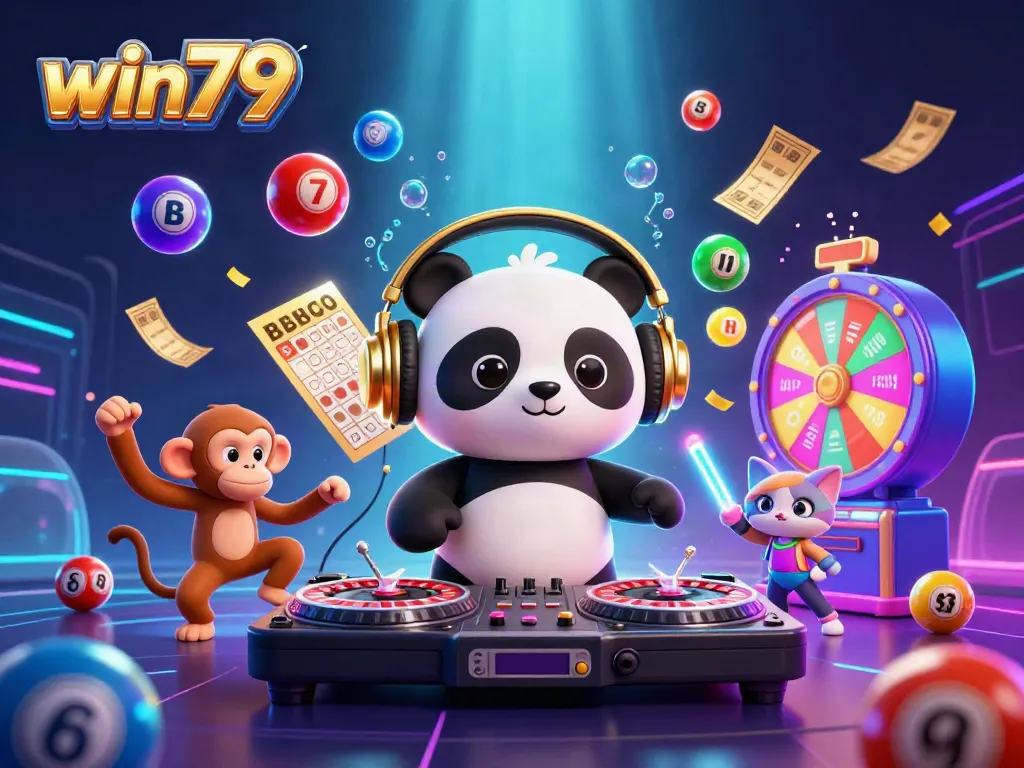 Engaging scene with DJ panda and friends celebrating at win79 casino, lively and colorful gaming atmosphere.