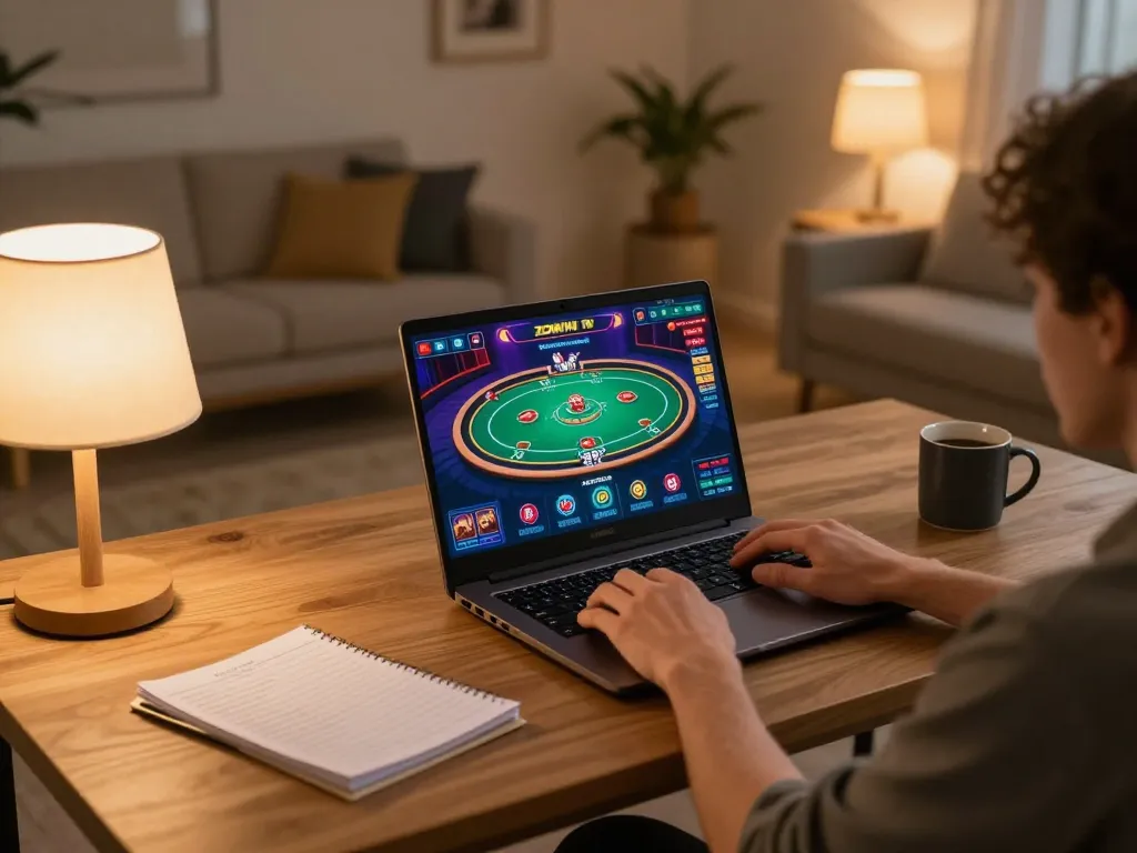 ZOWIN 10 player engaged in a thrilling online poker game at home, showcasing an organized and inviting gaming space.