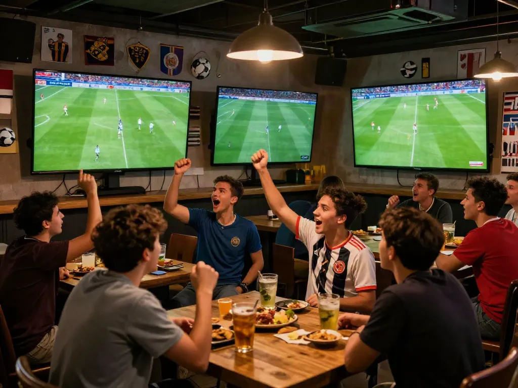 Engaged fans enjoying live soccer on screens at CakhiaTV