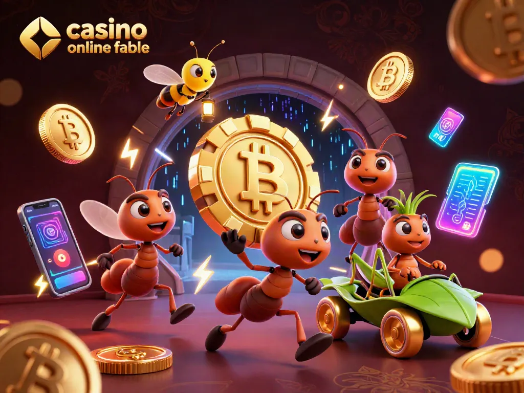 Hormigas transportando fichas de póker en un túnel, representando un casino online fiable con elementos de criptomonedas.