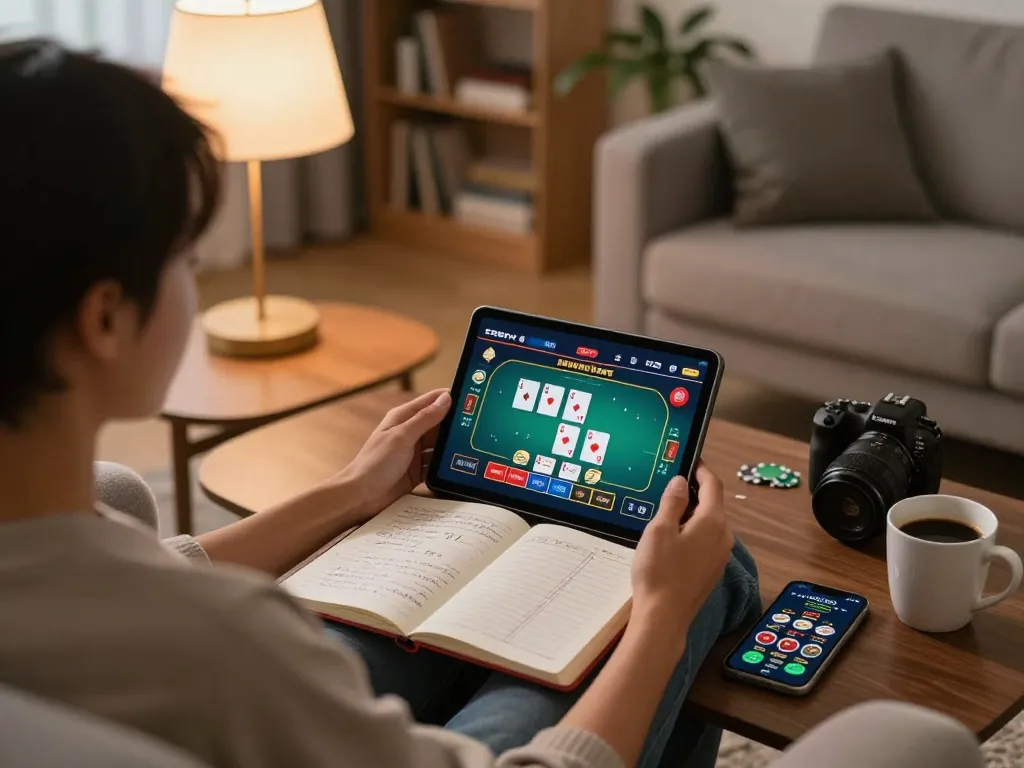 Engaging in online gaming on god55vn platform with poker interface visible on tablet.