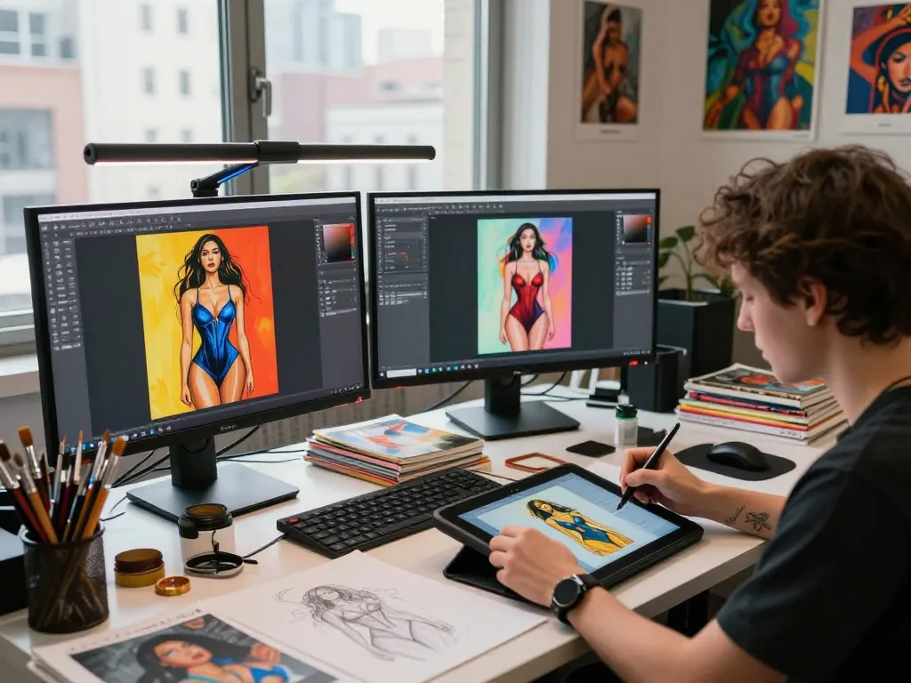 Creating AI porn artwork in a modern digital studio, vibrant designs visible on screens