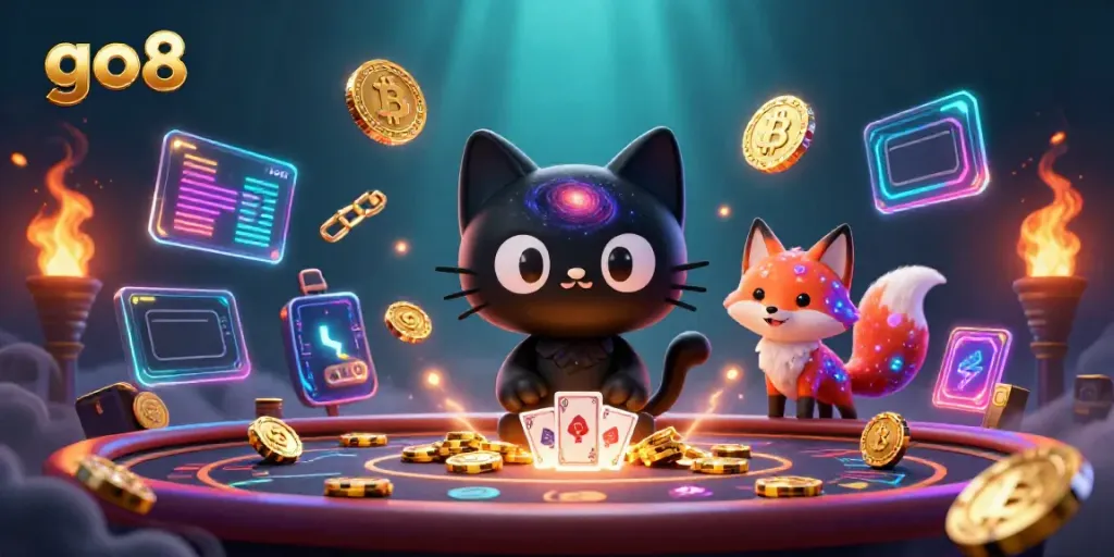Join the excitement at go8 casino, where a cosmic cat pulls in golden chips and cards.