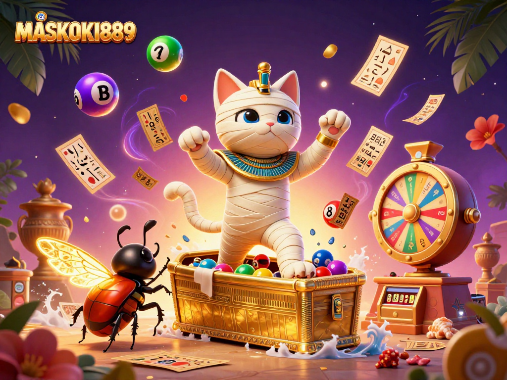 Engage in the excitement of MASKOKI889's vibrant casino scene featuring dynamic lottery elements and a mystical Egyptian theme.