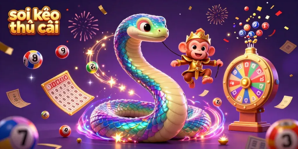 Soi kèo nhà cái vibrant illustration featuring a rainbow serpent and monkey king amid dynamic lottery elements.
