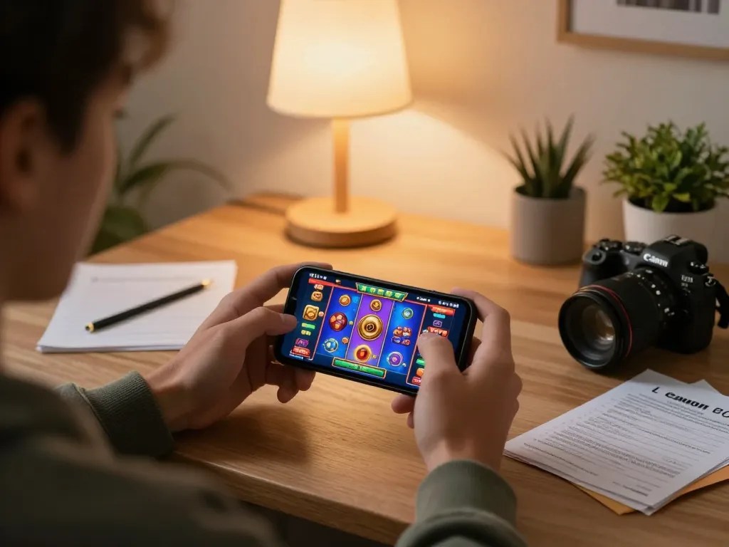Engaging gameplay on trang chủ lc88 showcased with a person using a smartphone for online slots in a cozy environment.