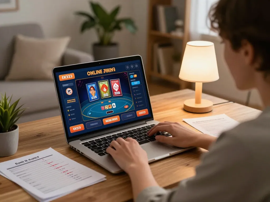 Playing EK333 online casino games on a laptop in a cozy home setting, emphasizing focused gameplay and strategic betting