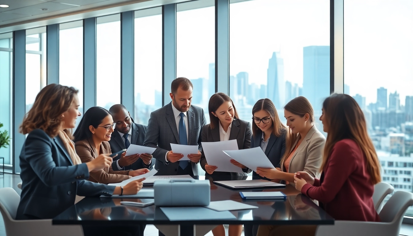 Professionals discussing Federal and State contracts in a modern office setting, showcasing collaboration.