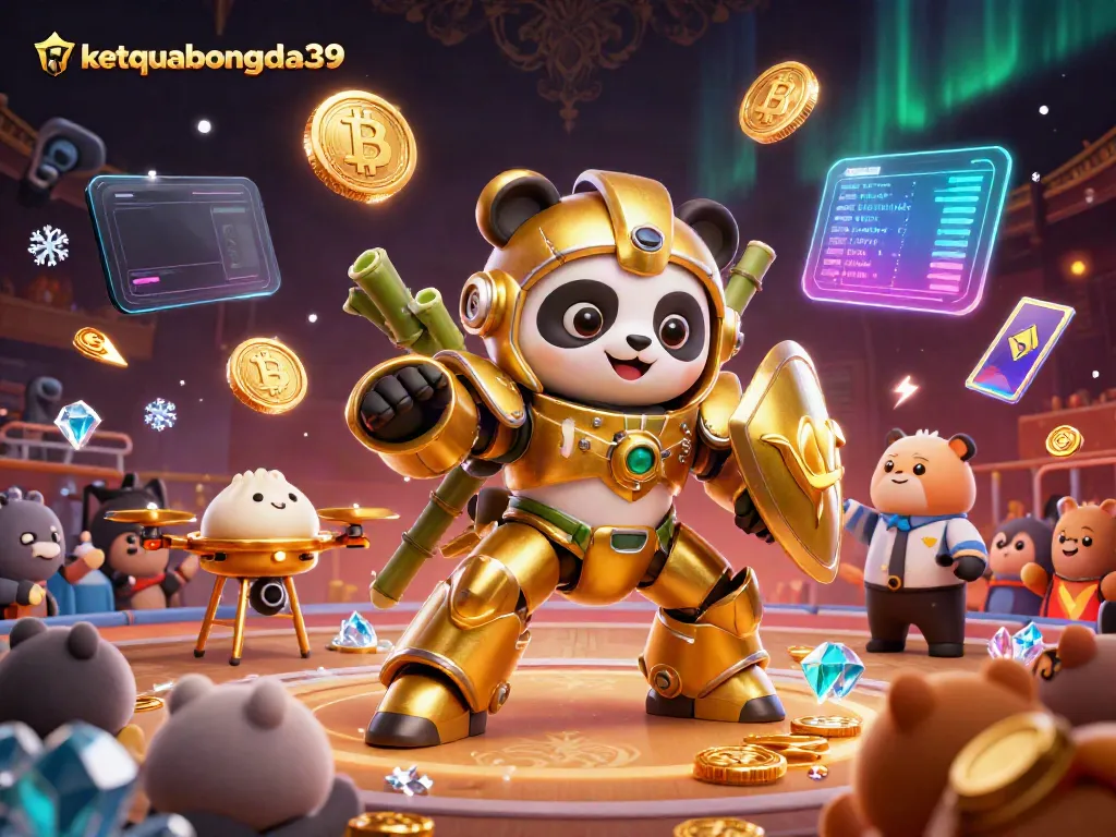Engage with the thrilling essence of ketquabongda39 showcasing a mech-suit panda at a dynamic crypto casino arena.