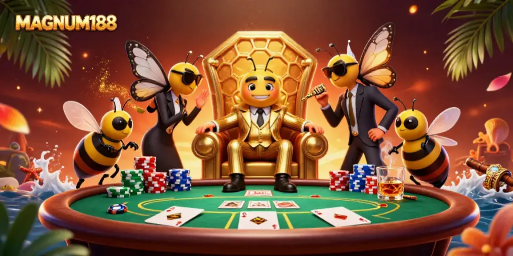 Engage with MAGNUM188's thrilling world of high-stakes card games featuring a bumblebee mob boss and his entourage.