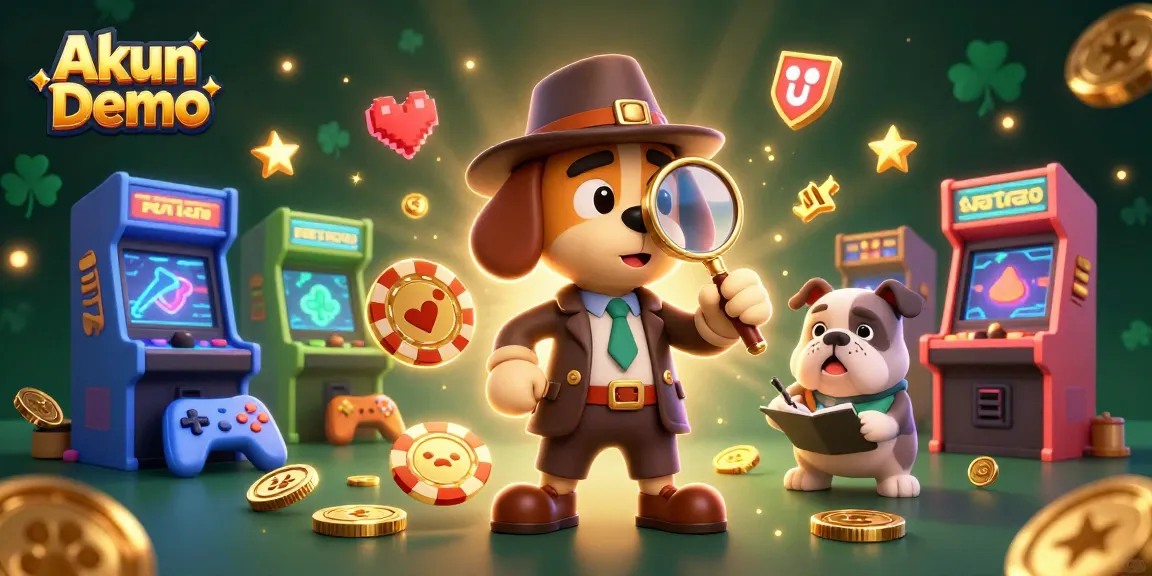 Akun Demo showcases a 3D cartoon detective and bulldog in a vibrant gambling scene with game elements and a golden poker chip.