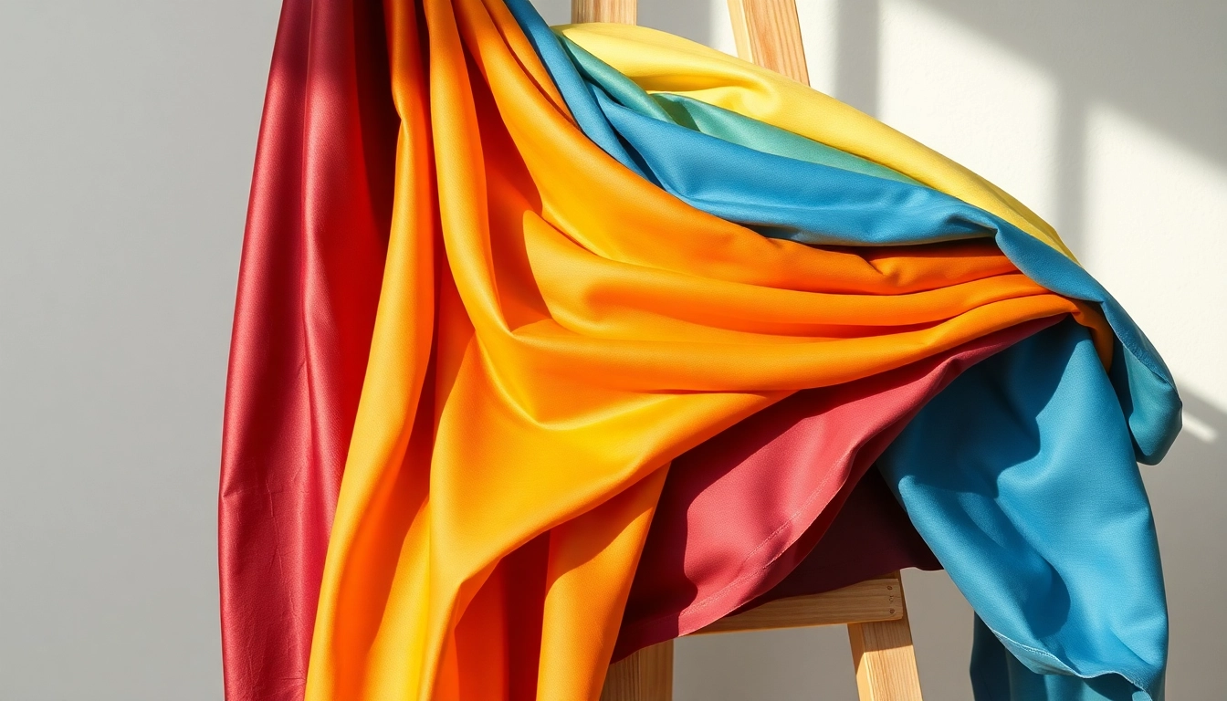 Viscose stoffen in verschillende kleuren elegant gepresenteerd op een schildersezel.