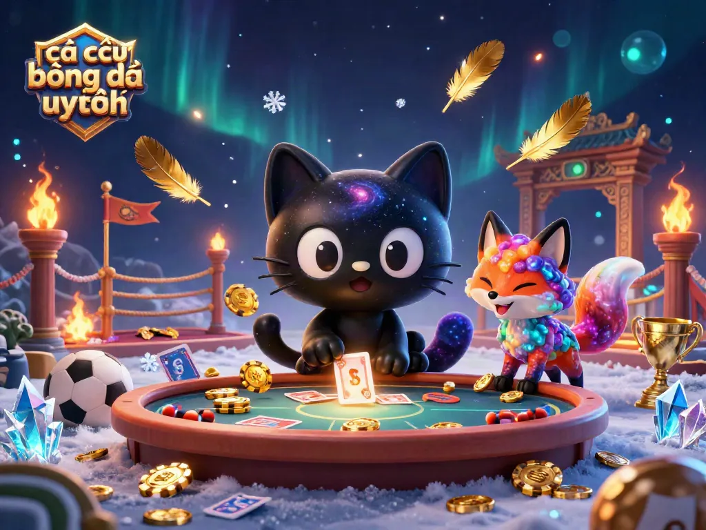 Cá cược bóng đá uy tín với hình ảnh mèo hấp dẫn tại bàn casino vũ trụ, kết hợp yếu tố thể thao.