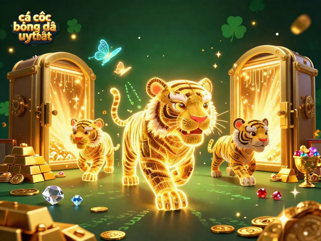 Cá cược bóng đá uy tín với hình ảnh 3D rực rỡ về hổ ánh sáng và kho báu vàng.