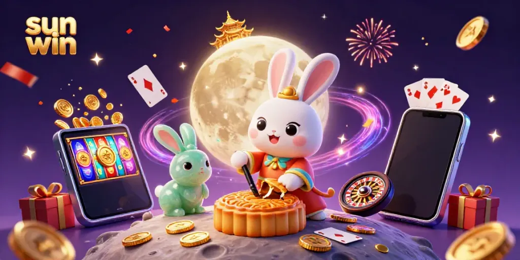 Experience the thrill of sun win gaming with a moon rabbit illustration revealing poker chips and casino elements.