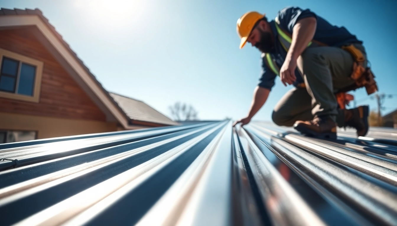 Roofer examining metal roofing quality under natural light, ensuring durability and performance.