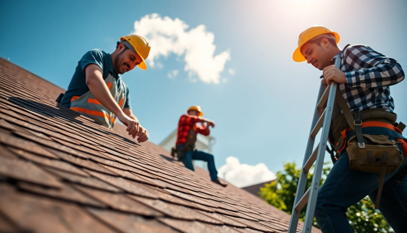 Team of professionals from a roofing company efficiently working on a house rooftop.