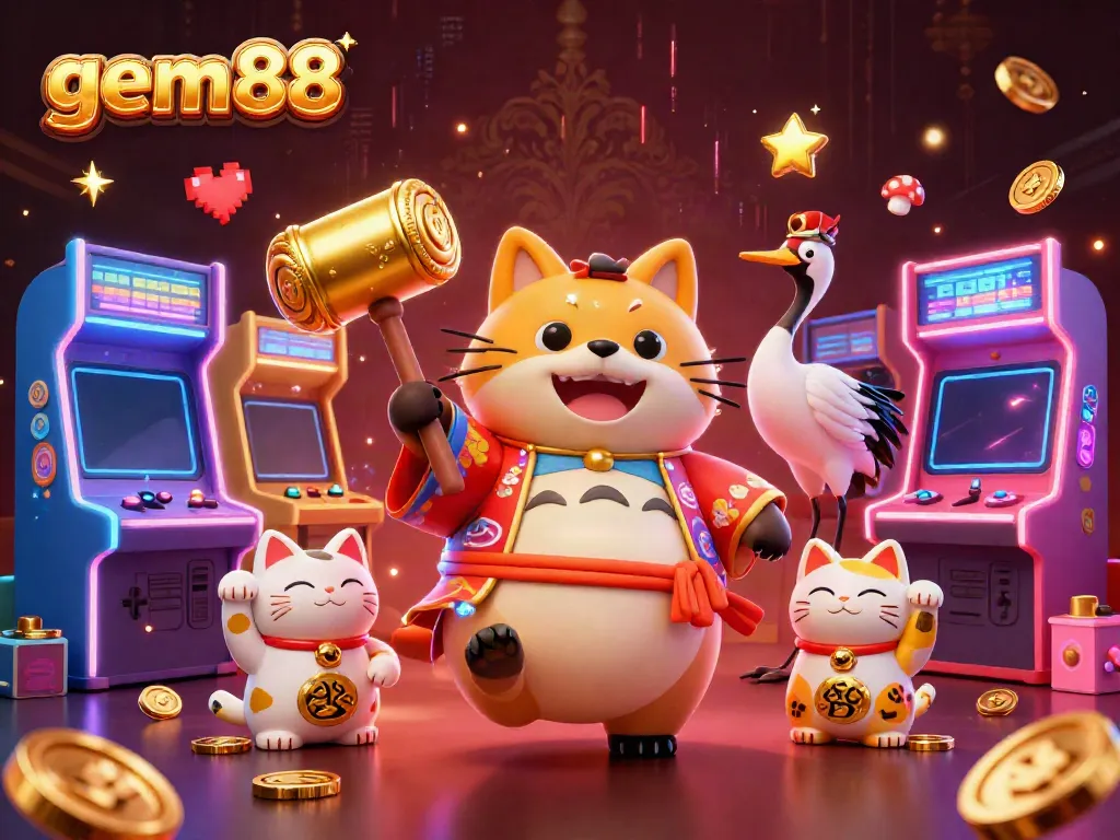 gamble with gem88's colorful characters including a cheerful tanuki and waving maneki-neko